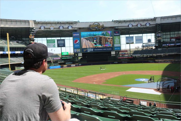 Brewers players play “Fortnite” on Miller Park scoreboard
