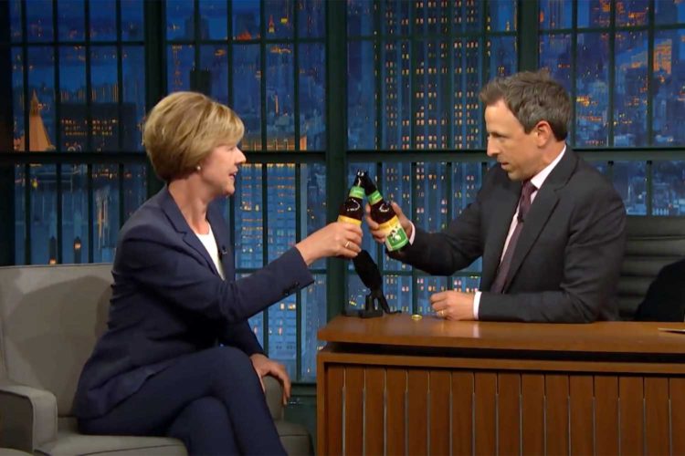 Tammy Baldwin shares Spotted Cow with Seth Meyers