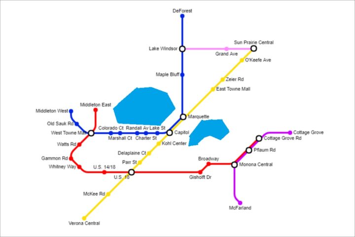 We wish we’d thought of this subway map of Madison’s Subway restaurants