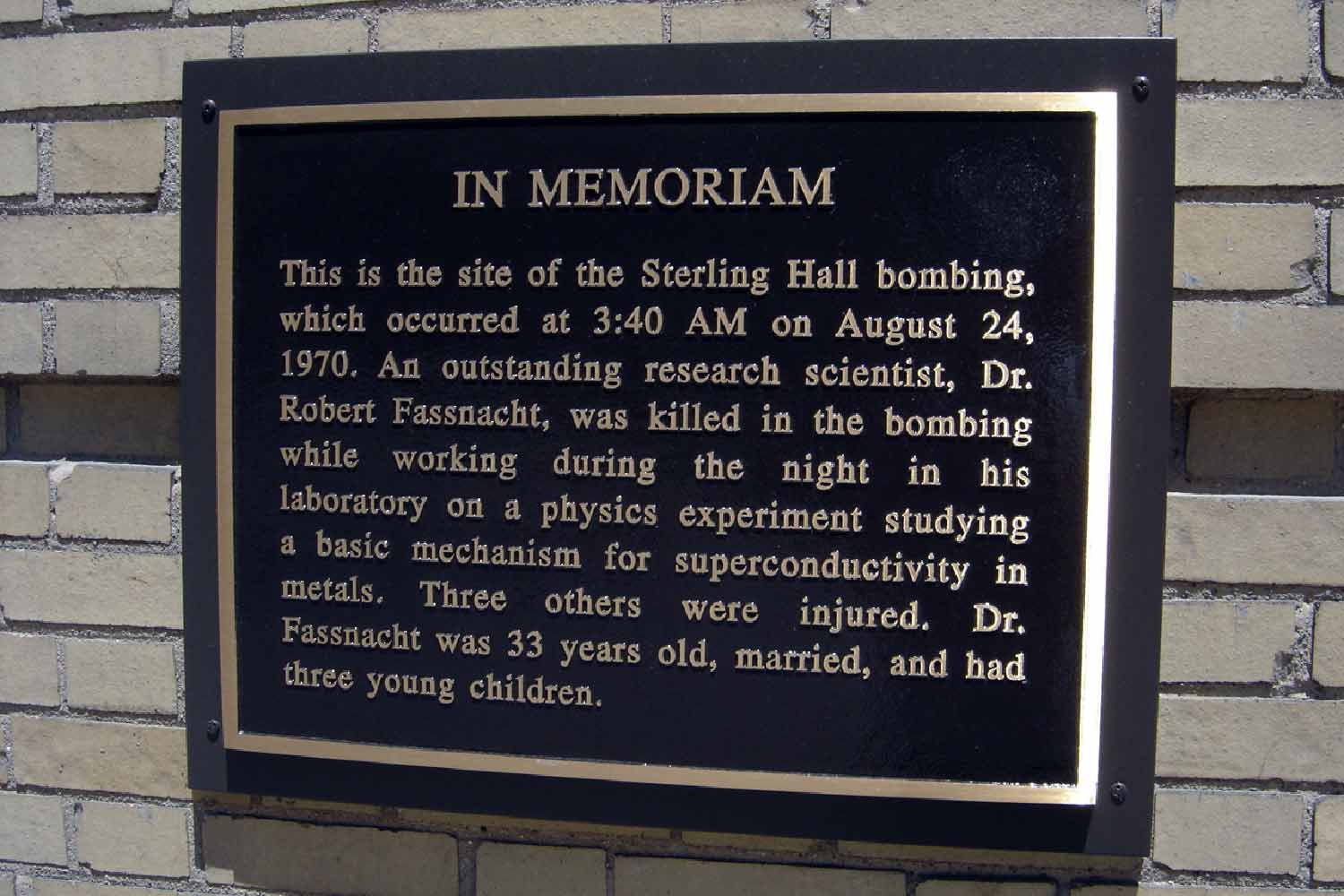 Memorial plaque at Sterling Hall